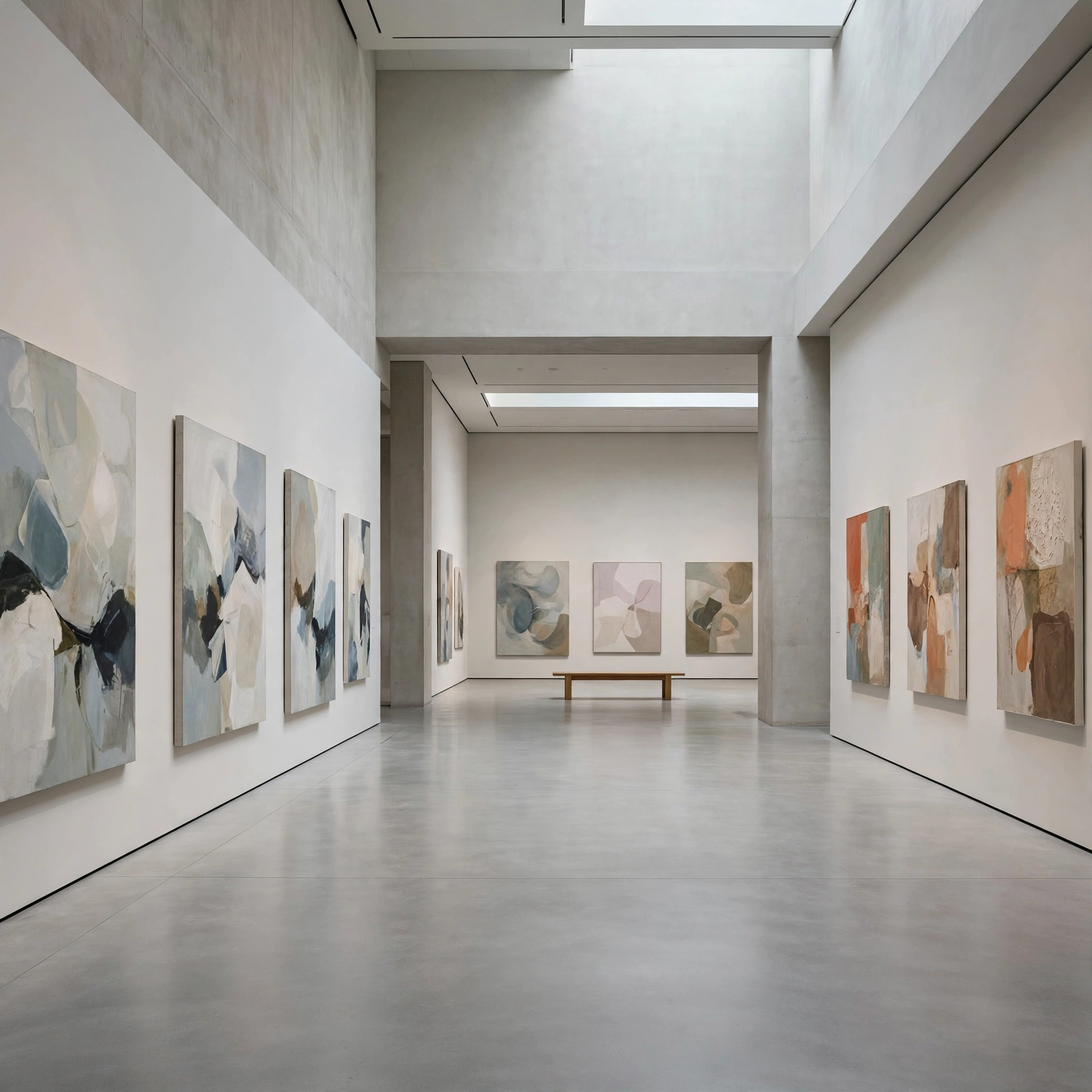 Galería de museo contemporáneo con obra abstracta vista desde lejos