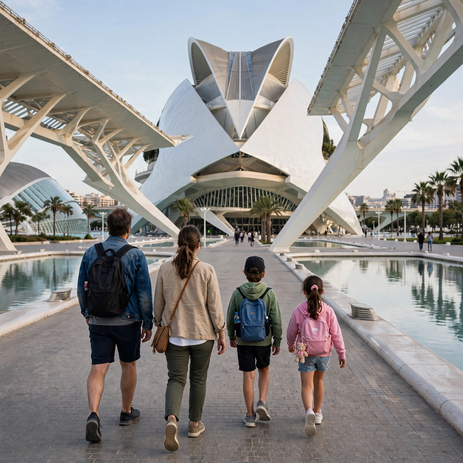 Familia caminando de espaldas hacia un edificio cultural en Valencia
